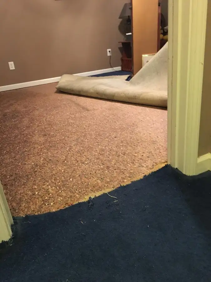 Carpet pad removal revealing water damage during Drying & Dehumidification in Destrehan